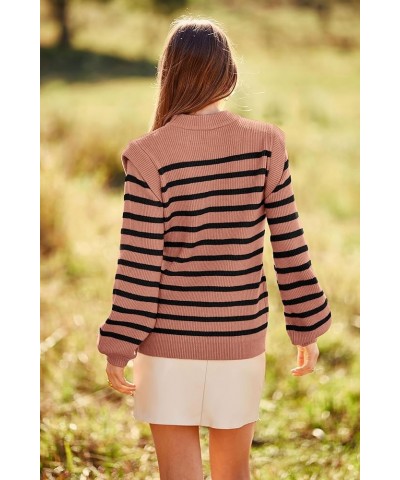 Women's Sweaters Casual Long Lantern Sleeve Crewneck Ribbed Knit Pullover Striped Jumper Tops Blouse Nude Pink $28.41 Sweaters