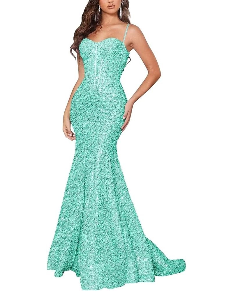 Women's Spaghetti Straps Sequin Corset Prom Dresses Long Mermaid Sparkly Glitter Formal Evening Gowns Backless Sage $34.00 Dr...