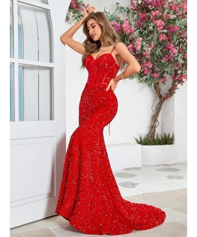 Women's Spaghetti Straps Sequin Corset Prom Dresses Long Mermaid Sparkly Glitter Formal Evening Gowns Backless Sage $34.00 Dr...