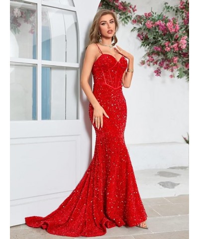 Women's Spaghetti Straps Sequin Corset Prom Dresses Long Mermaid Sparkly Glitter Formal Evening Gowns Backless Sage $34.00 Dr...