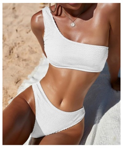 Women's Ribbed Bikini Sets One Shoulder Top with Mid Waist Two Piece Bathing Suit White $17.67 Swimsuits