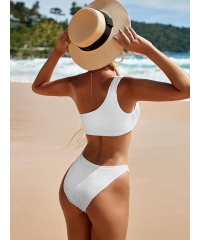 Women's Ribbed Bikini Sets One Shoulder Top with Mid Waist Two Piece Bathing Suit White $17.67 Swimsuits