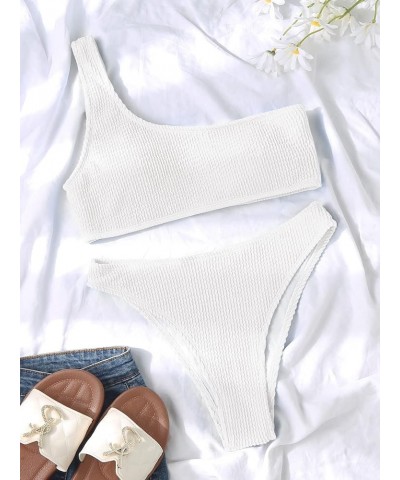 Women's Ribbed Bikini Sets One Shoulder Top with Mid Waist Two Piece Bathing Suit White $17.67 Swimsuits