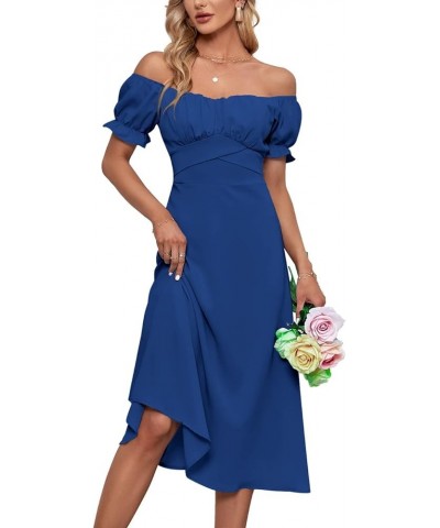 Women's Off Shoulder Wrap Ruffle Puff Short Sleeve Ruched Tie Back Dress Royal Blue $22.08 Dresses