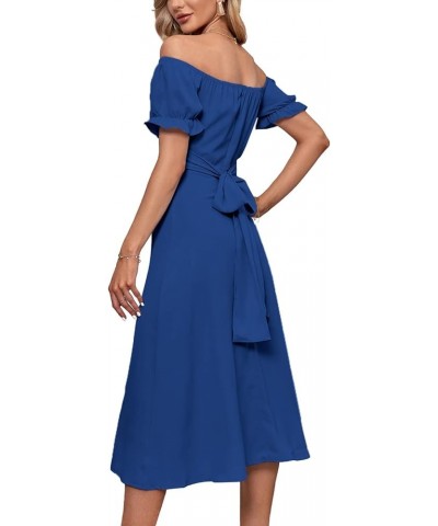 Women's Off Shoulder Wrap Ruffle Puff Short Sleeve Ruched Tie Back Dress Royal Blue $22.08 Dresses