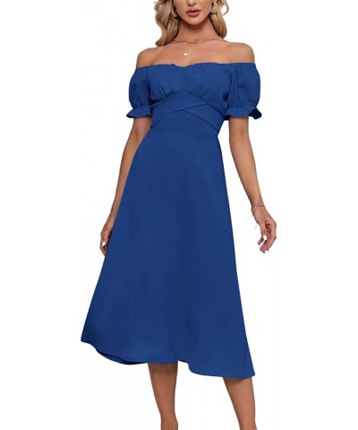 Women's Off Shoulder Wrap Ruffle Puff Short Sleeve Ruched Tie Back Dress Royal Blue $22.08 Dresses