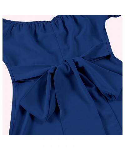 Women's Off Shoulder Wrap Ruffle Puff Short Sleeve Ruched Tie Back Dress Royal Blue $22.08 Dresses