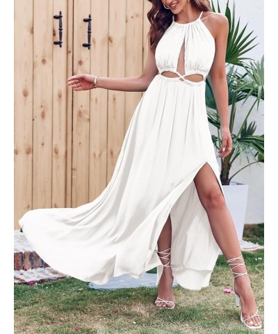 Womens Cutout Halter Tie Maxi Dress Flowy Boho Beach Summer Sexy Midi Dress Side Slit Long Dresses White $16.81 Dresses