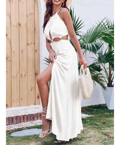 Womens Cutout Halter Tie Maxi Dress Flowy Boho Beach Summer Sexy Midi Dress Side Slit Long Dresses White $16.81 Dresses