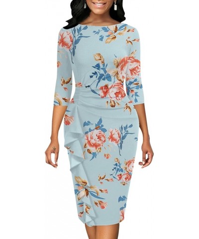 Church Dresses for Women 3/4 Sleeve Ruffle Vintage Bodycon Cocktail Work Midi Pencil Dress 7-11 Peony Print-5 $22.78 Dresses