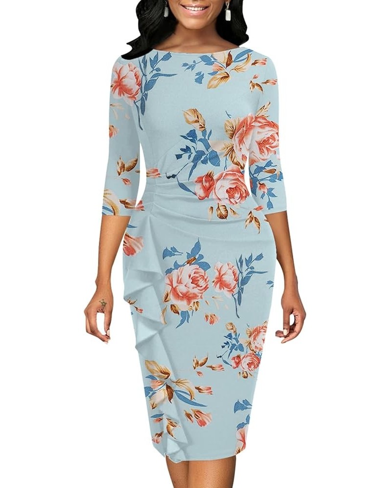 Church Dresses for Women 3/4 Sleeve Ruffle Vintage Bodycon Cocktail Work Midi Pencil Dress 7-11 Peony Print-5 $22.78 Dresses