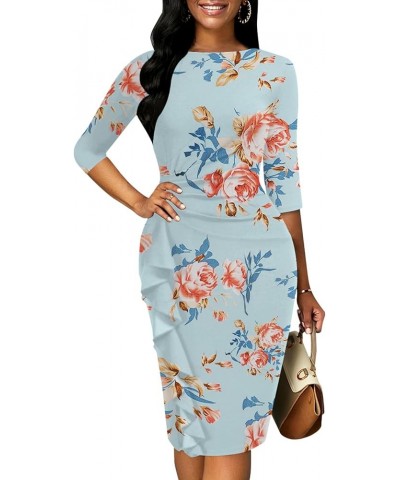 Church Dresses for Women 3/4 Sleeve Ruffle Vintage Bodycon Cocktail Work Midi Pencil Dress 7-11 Peony Print-5 $22.78 Dresses