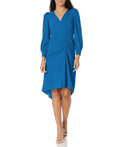 Women's Long Sleeve Bubble Crepe Dress Workwear Event Guest of Wedding V-neck - Princess Blue $31.45 Dresses