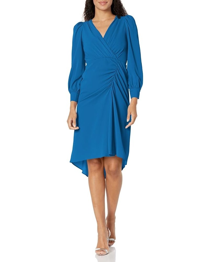 Women's Long Sleeve Bubble Crepe Dress Workwear Event Guest of Wedding V-neck - Princess Blue $31.45 Dresses