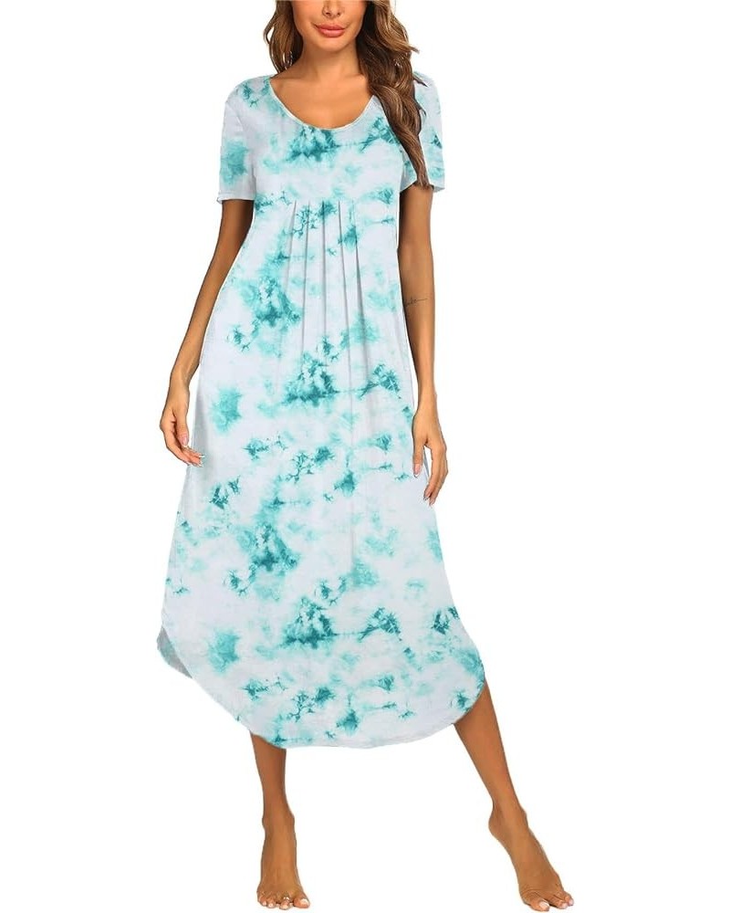 Women's Short Sleeve Long Nightgown Pleated Sleep Dress Soft Nightshirt Sleepwear Lounge Dresses Tie Dye Green $10.81 Sleep &...