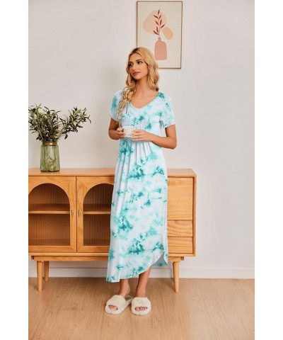 Women's Short Sleeve Long Nightgown Pleated Sleep Dress Soft Nightshirt Sleepwear Lounge Dresses Tie Dye Green $10.81 Sleep &...