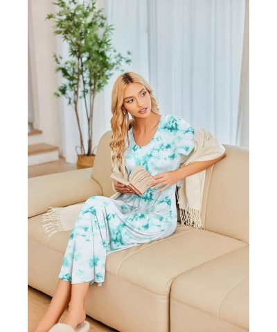 Women's Short Sleeve Long Nightgown Pleated Sleep Dress Soft Nightshirt Sleepwear Lounge Dresses Tie Dye Green $10.81 Sleep &...