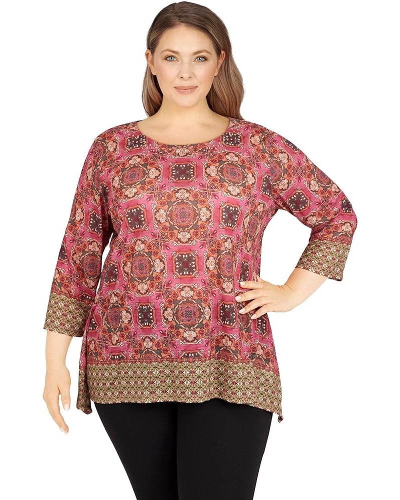 Womens Womens Plus-Size Tile Border Sublimation Top Zinnia Multi $15.69 Blouses