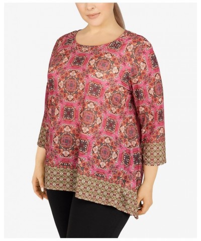 Womens Womens Plus-Size Tile Border Sublimation Top Zinnia Multi $15.69 Blouses