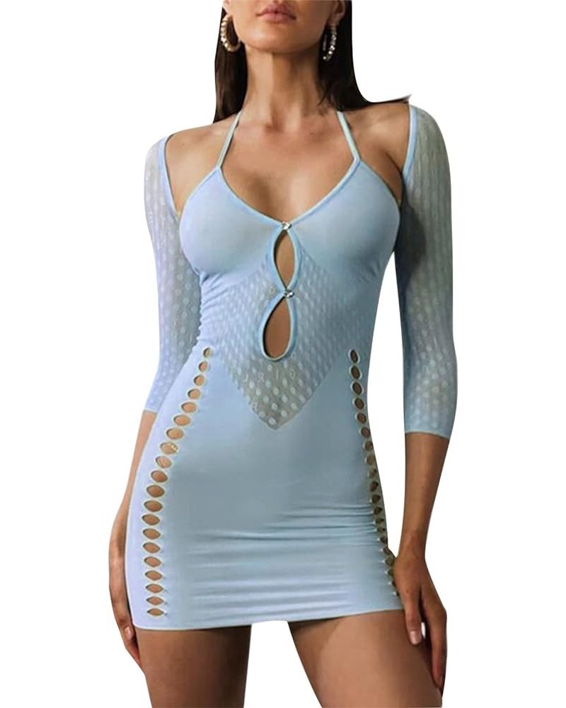 Women Sexy Side Hollow Out Mini Dress See Through Bodycon Dress Long Sleeve Halter Dress Party Clubwear Light Blue $10.25 Dre...