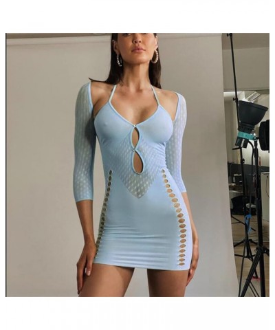 Women Sexy Side Hollow Out Mini Dress See Through Bodycon Dress Long Sleeve Halter Dress Party Clubwear Light Blue $10.25 Dre...