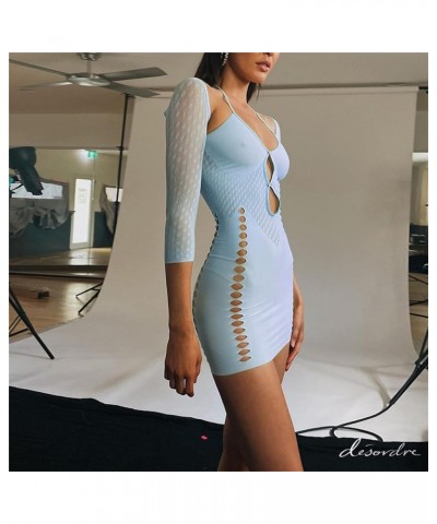 Women Sexy Side Hollow Out Mini Dress See Through Bodycon Dress Long Sleeve Halter Dress Party Clubwear Light Blue $10.25 Dre...