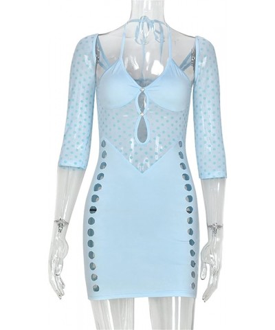 Women Sexy Side Hollow Out Mini Dress See Through Bodycon Dress Long Sleeve Halter Dress Party Clubwear Light Blue $10.25 Dre...