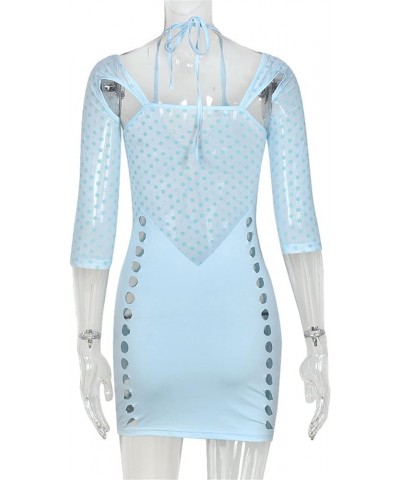 Women Sexy Side Hollow Out Mini Dress See Through Bodycon Dress Long Sleeve Halter Dress Party Clubwear Light Blue $10.25 Dre...