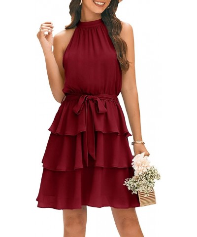 Womens Halter Dresses Summer Boho Floral Sundress 2023 Casual Sleeveless Beach Short Dress Belt-wine Red $11.74 Dresses