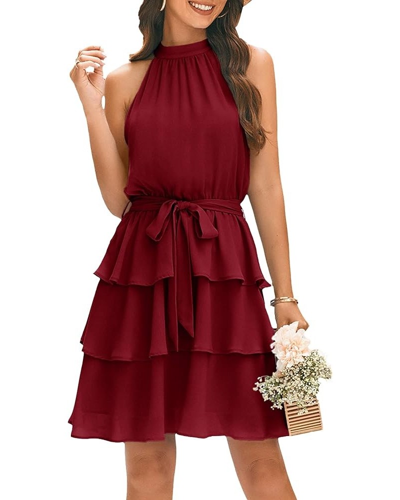 Womens Halter Dresses Summer Boho Floral Sundress 2023 Casual Sleeveless Beach Short Dress Belt-wine Red $11.74 Dresses