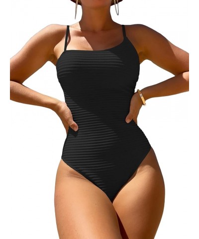 Women's Ribbed Knit High Cut One Piece Swimsuit Bathing Suit Black $13.44 Swimsuits