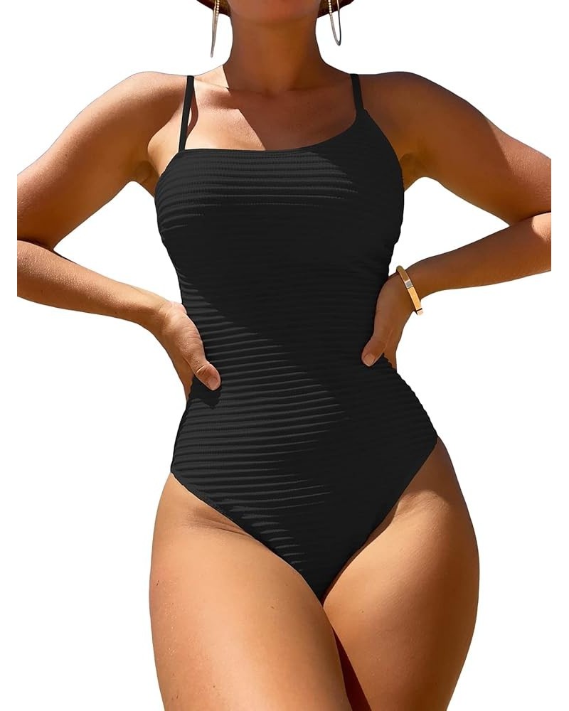 Women's Ribbed Knit High Cut One Piece Swimsuit Bathing Suit Black $13.44 Swimsuits