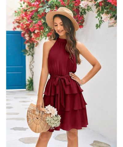 Womens Halter Dresses Summer Boho Floral Sundress 2023 Casual Sleeveless Beach Short Dress Belt-wine Red $11.74 Dresses