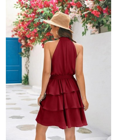 Womens Halter Dresses Summer Boho Floral Sundress 2023 Casual Sleeveless Beach Short Dress Belt-wine Red $11.74 Dresses