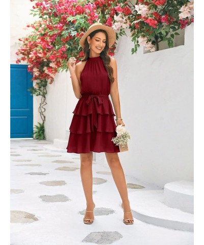 Womens Halter Dresses Summer Boho Floral Sundress 2023 Casual Sleeveless Beach Short Dress Belt-wine Red $11.74 Dresses