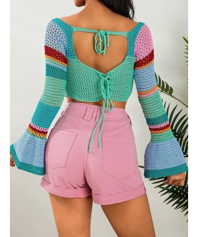 Women Y2K Hollow Out Crochet Knit Crop Tops Sexy Color Block Patchwork Shirts Colorful Rainbow Pullover Coverups Sweater Styl...