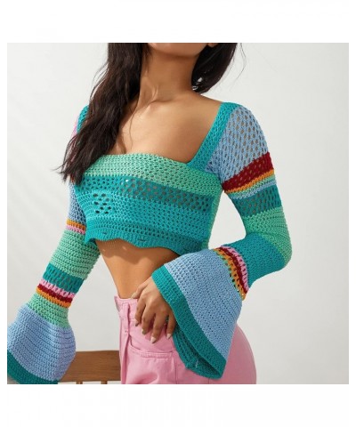 Women Y2K Hollow Out Crochet Knit Crop Tops Sexy Color Block Patchwork Shirts Colorful Rainbow Pullover Coverups Sweater Styl...