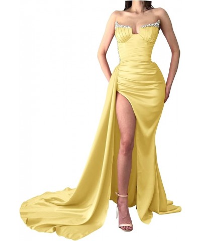 Strapless Mermaid Prom Dresses Beaded V Neck Formal Evening Gowns Slit Party Dresses for Women 2023 Yellow $34.00 Dresses