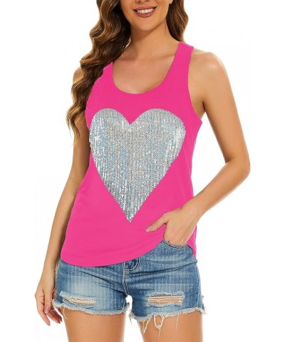 Womens Sparkly Sequin Tank Tops Sleeveless Scoop Neck Loose Fit Workout Shirts Racerback Tees Tops Shirts Hot Pink+ Silver He...