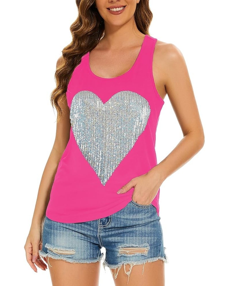 Womens Sparkly Sequin Tank Tops Sleeveless Scoop Neck Loose Fit Workout Shirts Racerback Tees Tops Shirts Hot Pink+ Silver He...