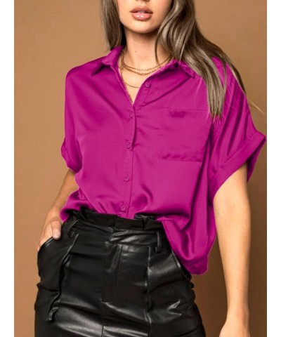 Women's Silk Satin Blouses Button Down Shirts Casual Loose Long&Short Sleeve Office Work Tunic Tops Short Sleeve Hot Pink $15...