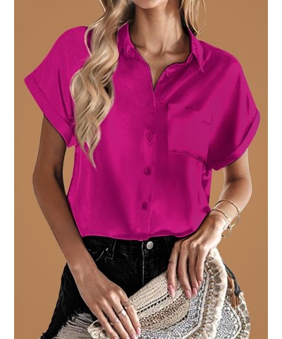 Women's Silk Satin Blouses Button Down Shirts Casual Loose Long&Short Sleeve Office Work Tunic Tops Short Sleeve Hot Pink $15...