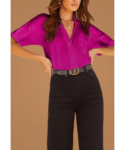 Women's Silk Satin Blouses Button Down Shirts Casual Loose Long&Short Sleeve Office Work Tunic Tops Short Sleeve Hot Pink $15...