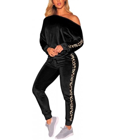 Womens 2 Piece Off One Shoulder Sweatshirt Jogging Set Velvet Sweatsuit Leopard-black $21.60 Activewear