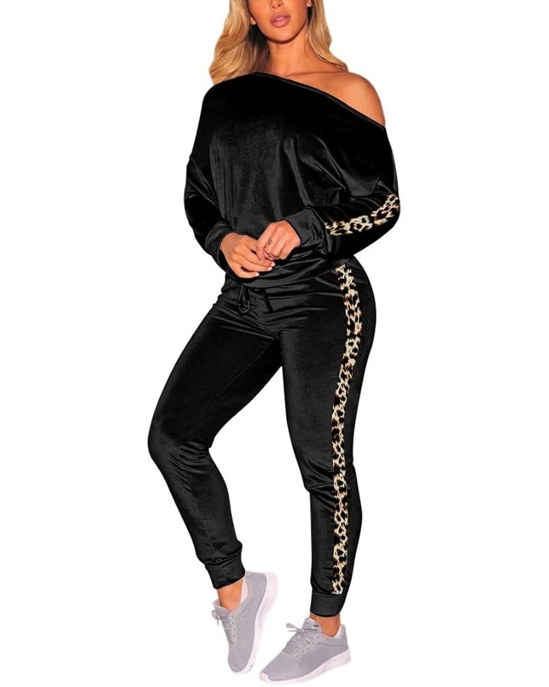 Womens 2 Piece Off One Shoulder Sweatshirt Jogging Set Velvet Sweatsuit Leopard-black $21.60 Activewear