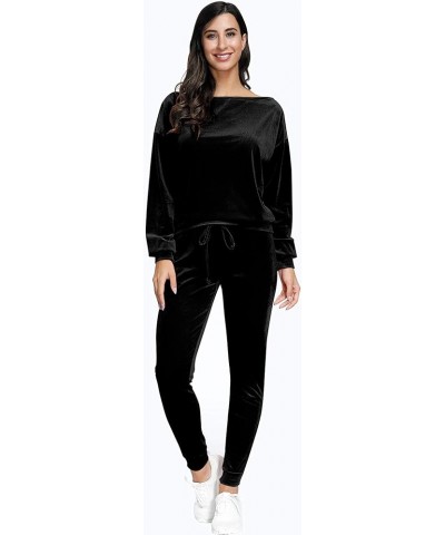 Womens 2 Piece Off One Shoulder Sweatshirt Jogging Set Velvet Sweatsuit Leopard-black $21.60 Activewear