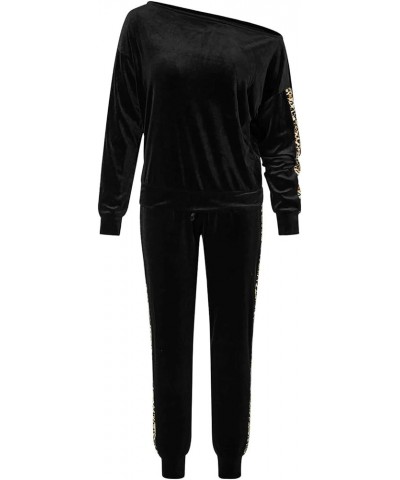 Womens 2 Piece Off One Shoulder Sweatshirt Jogging Set Velvet Sweatsuit Leopard-black $21.60 Activewear