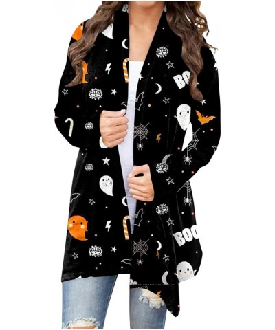 Cardigan for Women Lightweight Long Sleeve Halloween Pumpkin Cat Print Knitted Coats Open Front Knitted Sweaters 3-black $9.6...