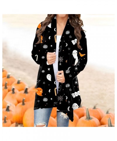 Cardigan for Women Lightweight Long Sleeve Halloween Pumpkin Cat Print Knitted Coats Open Front Knitted Sweaters 3-black $9.6...