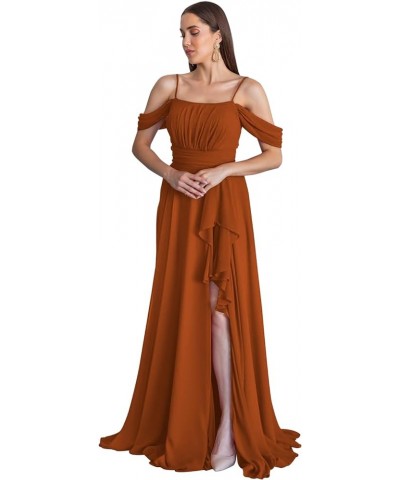 Cold Shoulder Bridesmaid Dresses 2024 for Wedding Long Chiffon Ruffle Formal Evening Dress with Slit Burnt Orange $23.65 Dresses